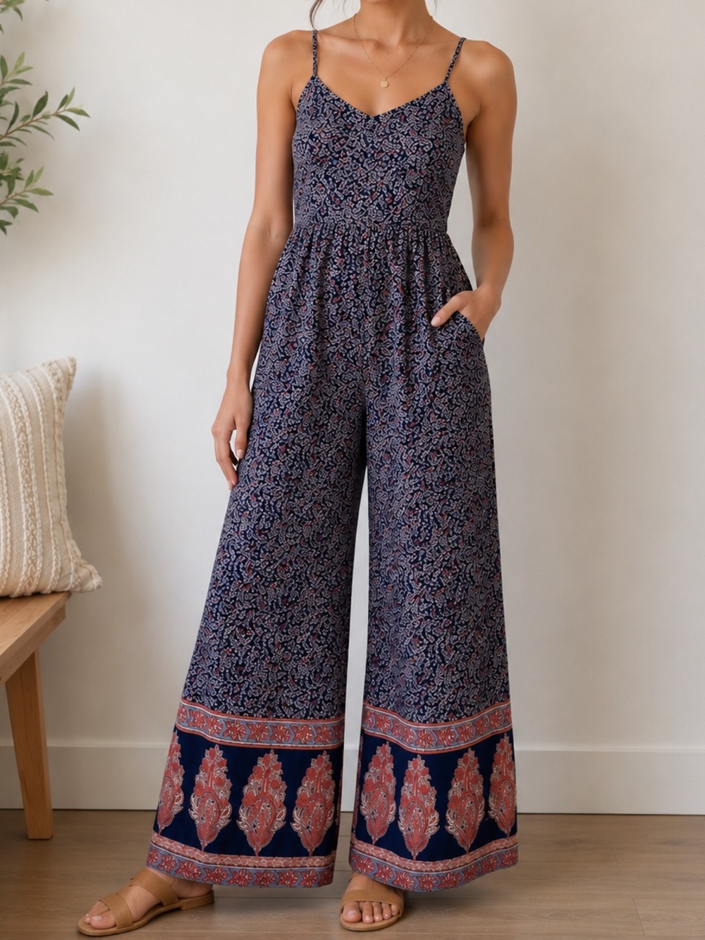 xhilaration Navy Floral Wide Leg Jumpsuit Size XS